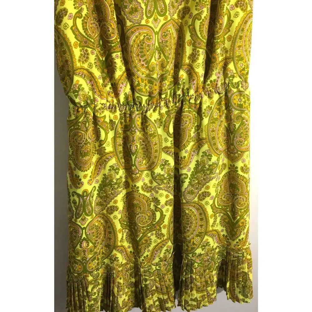 Banana Republic Women's Size Medium Yellow & Pink Paisley Pleated Neck Dress